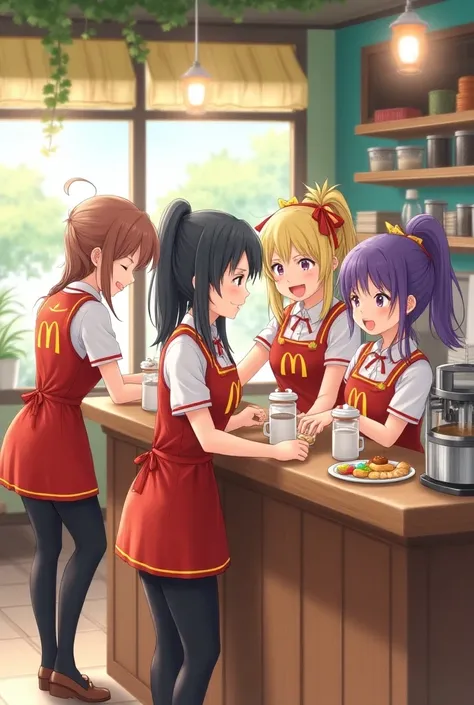 Four friends in McDonalds uniforms working in an anime-style coffee shop 