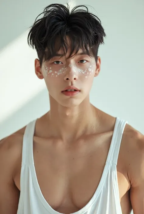 A close-up portrait shirtless, a korean young man,a athletic male basketball player with a messy hairstyle, wearing a white basketball jersey with black trims, labeled "BOSTON". The player has a determined look, a bandage across his nose, and is biting a p...