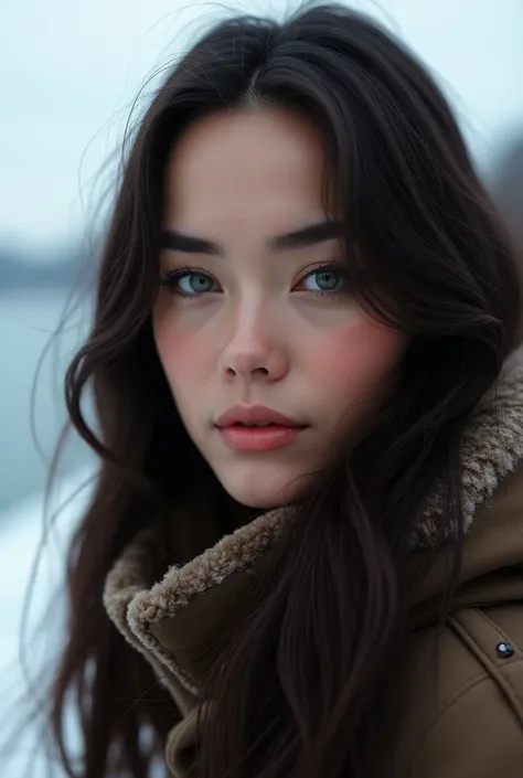 (photorealism : 1.2), rostro , lovely woman real ,  long dark brown hair, grey eyes,  real facial pores , 30 years old, staring at the camera, An un living, with sea view, dressed in winter clothes
