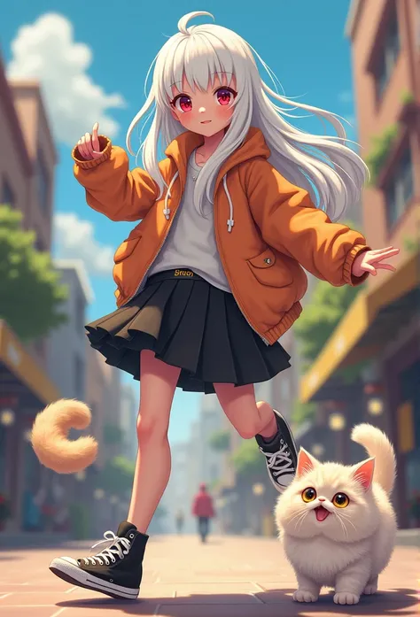 1 girl dynamic pose, fun pose, long white hair, bangs, red eyes, stylish clothes, baggy jacket, pleated black skirt, sneakers, high top shoes, cat eats, tail, fluffy, cute, colorful, from above, outdoor background, full view