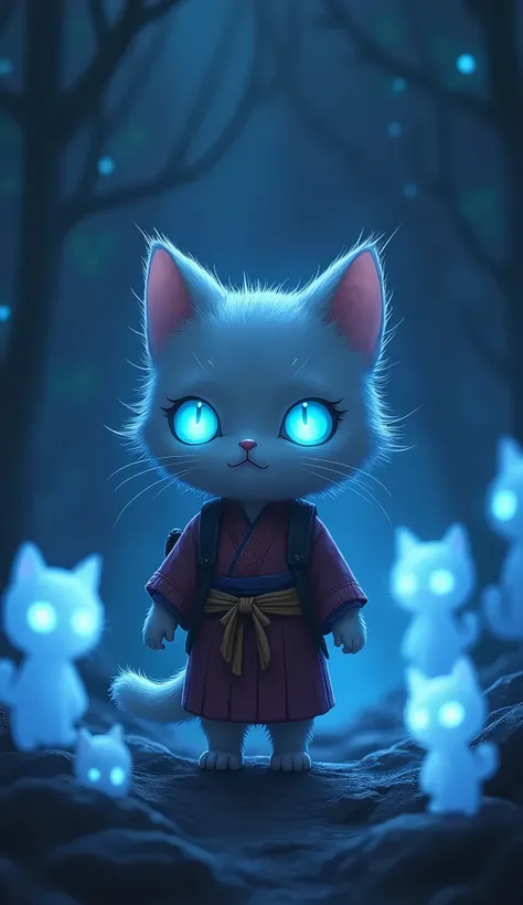 Image Prompt
Prompt: A small, anthropomorphic cat-like creature with glowing blue eyes and a mysterious aura stands amidst a dark, ethereal background. The creature wears a traditional Japanese-inspired outfit and carries a small backpack. Surrounding it a...