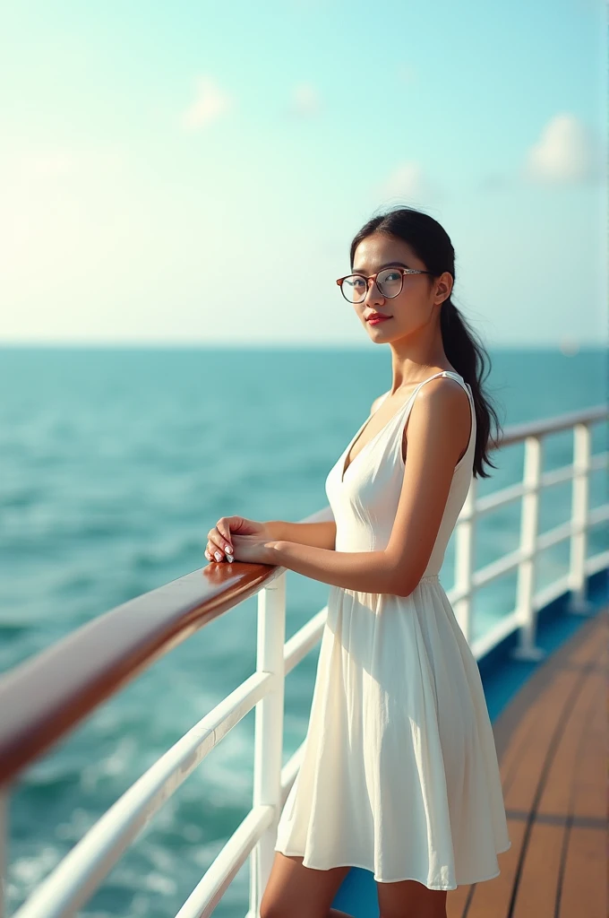 Indonesian woman wearing a white party dress wearing glasses wearing shoes leaning on the railing of a cruise ship with her face facing the ocean and looking at the camera 