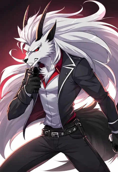 (1male, solo), male, horns, white werewolf, red eyes, white hair, long hair, black jeans, black tail, holding guns, serious look, 