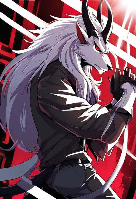 (1male, solo), male, horns, white werewolf, red eyes, white hair, long hair, black jeans, black tail, holding guns, serious look, 