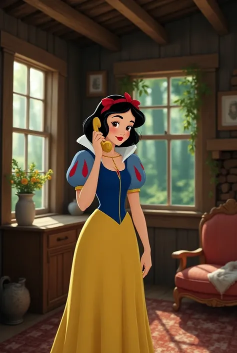  Snow White talking on the phone inviting young people, To her house 
