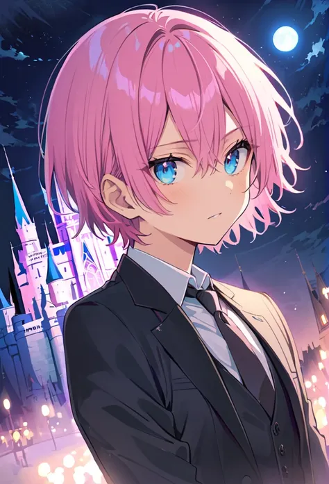  1 male, thin, young,Detailed eyes and face,  fade cut,Pink Hair,blue eyes,Cinderella Castle,Black suit,night