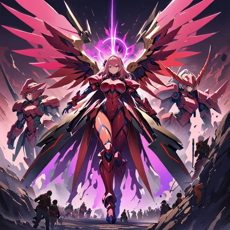 Anime, high detailed, multiple womans, mature womans, shiny-like mecha armor, large mechanical wings, large Gauntlet, serious, curvy body, long mechanical wings, mecha weapons、Colored armors、magenta Colored aura、BLUE Eyes, elongated pupils,  Mature Woman、m...