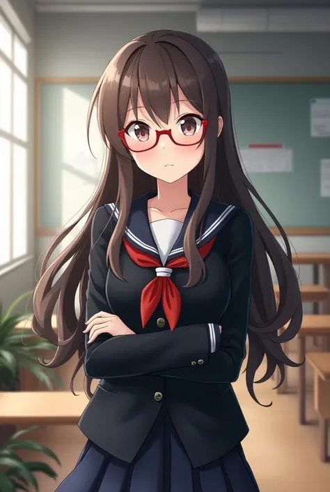 Create an anime-style image of a Japanese student smiling. She has long hair. Her appearance reflects her beauty, cutness, and intelligence. (shes wearing a black Japanese school uniform and red reading glasses). The background is the inside of a Japanese ...