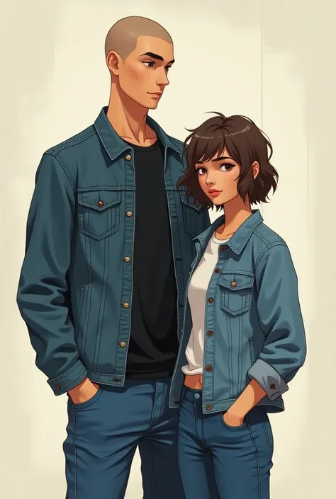 Tall man 185 cm , shaved hair, young,  denim jacket ,  basic black t-shirt and blue jeans and with a woman 160 cm short wavy hair and tan skin, anime