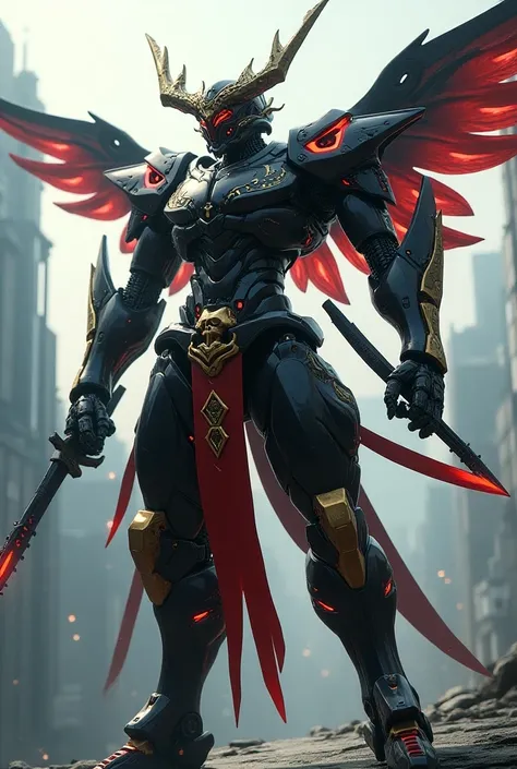 A samurai robot with a A small flowing laser gun and a Holding a long spearand red and black knife-shaped wings It has horns with sharp thorns, glowing multi-colored lights, gold patterns, and skull and cross ornaments.Industrial  Decorated with diamonds a...