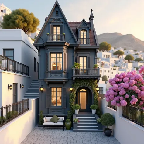 A photorealistic picture of the cutest Victorian Gothic high small narrow apartment which has four floors, springing from the flank of a very high semi-dry steep sloping hill in the island of Santorini at the corner of narrow paths for pedestrians as in Sa...