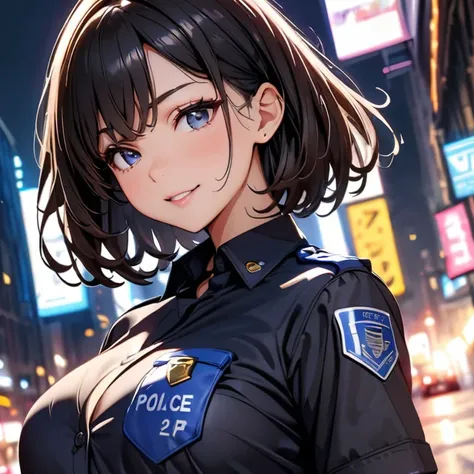 (high quality, 8k, 4k, high contrast, masterpiece:1.2, best quality, best aesthetics), (dynamic angle), Sexy female police officer, Detailed face and body, Beautiful breasts, confident look, (black hair, short hair), Shiny black uniform, Tactical belt with...