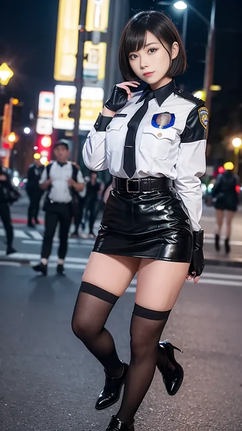 Beautiful policewoman with bob hair legs patrolling in a uniform in the downtown area at night in miniskirt leather shoes