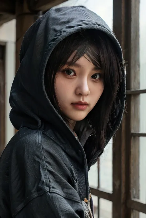  Japanese woman wearing black hoodie and black denim