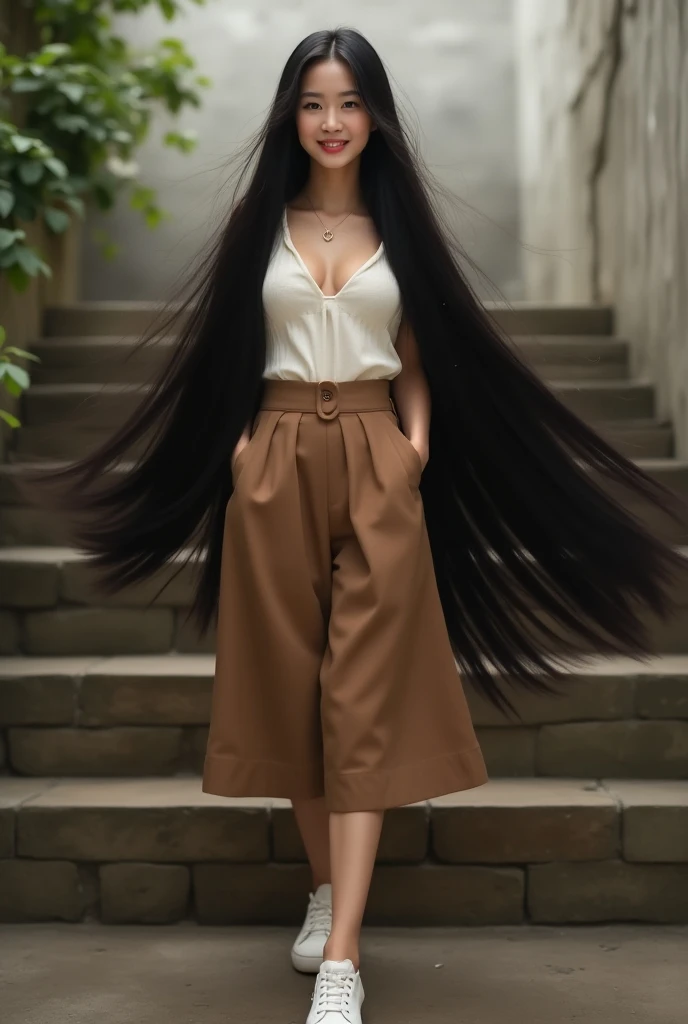 Very cute and young chinese lady with red lip.She is light smile with upper teeth and have dimple.She wear  brown culotte , white decllete and white walking shoe.She is walking on the up stair.She is the centre of the stair.She have the longest hair length...