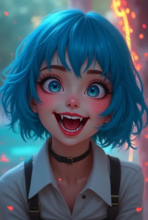  1 girl, alone,  watching audience , Open mouth,Smile with teeth showing, shill, Fantasy background, Cat Teeth , Collared shirt, Lips, eyelash, upper Teeth , chest,  Makeup Bright Blue Hair Color Fashion Gamer Appearance