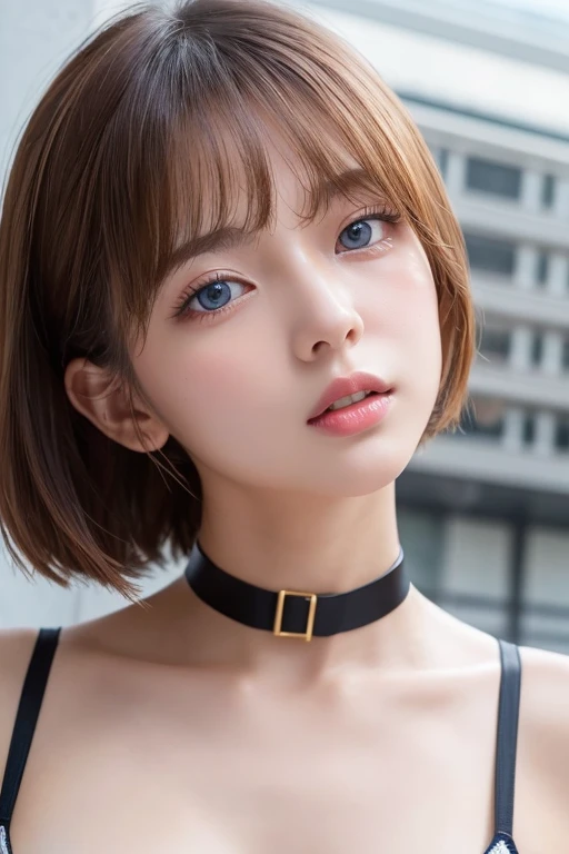 1 girl connected to a wall 、Best Quality、Realistic、zoom、Chestnut Hair、blue eyes、short hair、Glowing lips gloss 、 rubber-like, thin, transparent, brown vinyl chest like an amoeba、 with a big cut on my stomach and exposed my bare skin、Sunburnした、Sunburn、Brown ...