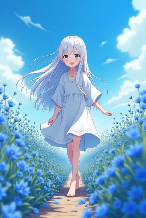 The girl shakes her long white hair that stretches to her thighs、 while her blue eyes are shining 、 The road is a flower Im walking barefoot in a prairie densely populated with nemophila flowers as if it were colored by {x}。 every time her foot lands on th...