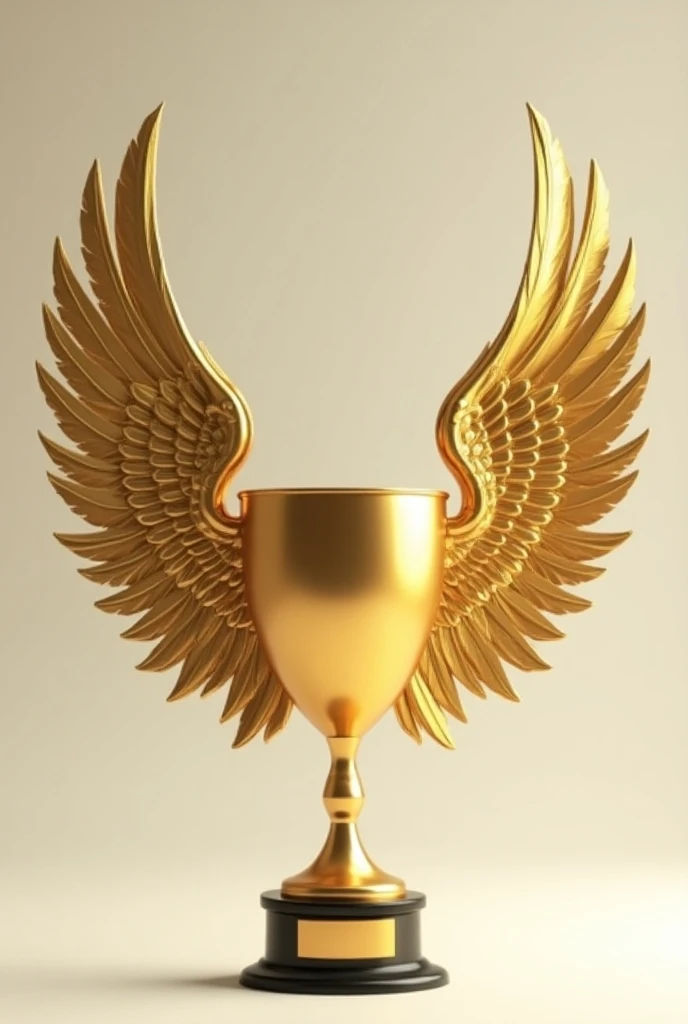 Golden metal pigeon wings around a trophy cup wide open frontal view