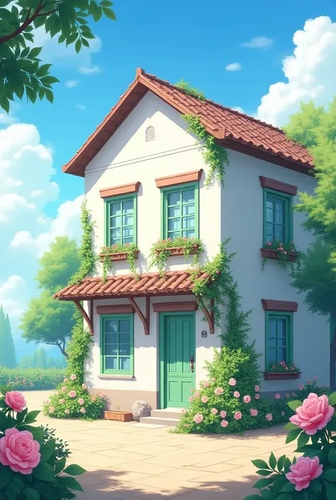 Painting of the exterior of a three-story small western-style building, white walls, light green doors and windows, pink rose flowers, flower vines, anime background art, relaxation concept art, anime landscape concept art, very detailed scenes, beautiful ...