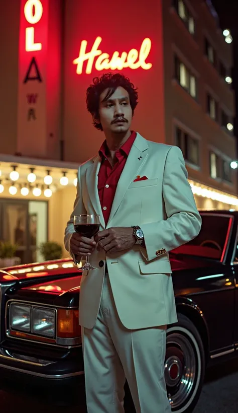 Al Pacino with white suit red shirt standing next to a 1982 Black RollsRoyce in front of the Royal Hawaiian hotel holding a cigarette and a glass of wine in hand during night with neon lights 