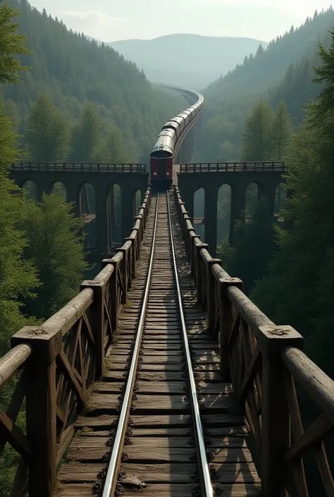 A bridge over which the train passes but this bridge is medieval made of wood