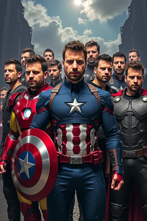 create an image of all the male avengers assembled together, each with their face replaced by the face of titoworld. ensure that...