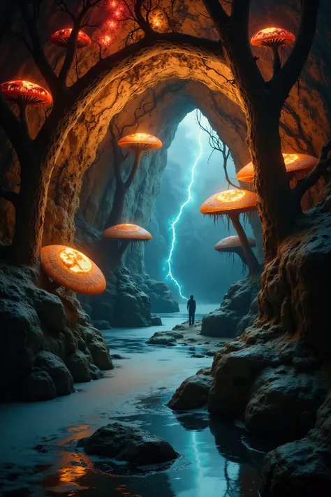 a high-fidelity, ultra-quality fantasy elemental landscape scene reveals a pristine underground forest, teeming with bioluminesc...