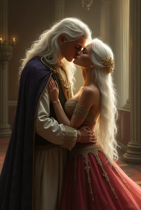 Young white-haired queen kissing long-haired king