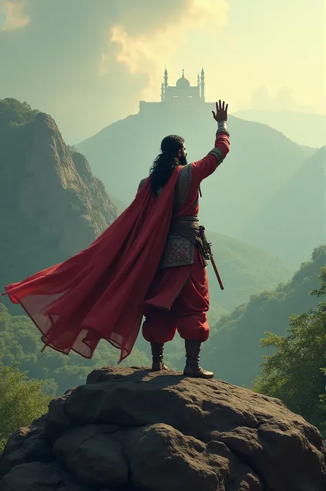 Signal for Attack
Shivaji Maharaj standing at the top of a hill, raising his hand to give the signal for attack. The backdrop shows the dramatic mountains, forests, and the distant view of the fort.