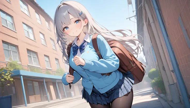 (1 girl),(Highest quality, 8k, masterpiece:1.3), (high school student:1.5), (Gray Hair), (ポニーテールribbon、Long Hair), (Oblique sky blue eyes), (( blue check pleated skirt to carry a backpack、 miniskirt 、 loafers、 cardigan、Blue Shirt、ribbon、Black tights))Round...