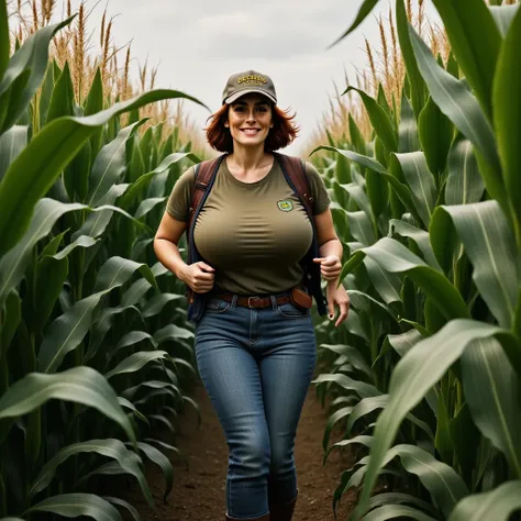 photorealistic, cinematic style, low angle picture of a beautiful british woman walking in a cornfield between rows of tall corn...