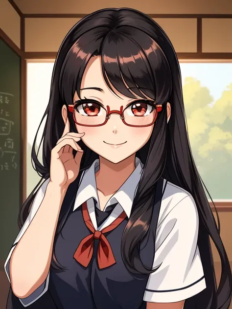 Masterpiece, 1girl, solo, a Japanese student smiling. She has long hair. Her appearance reflects her beauty, cuteness, and intelligence. (shes wearing a black Japanese school uniform and red reading glasses). The background is the inside of a Japanese High...