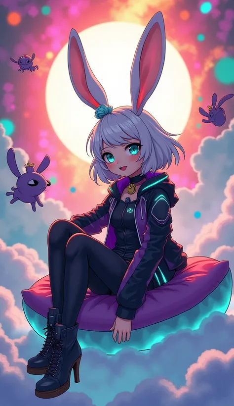 Design a vibrant, anime-style female character with the personality of an Aquarius and the traits of a Fire Rabbit from the Chinese zodiac. She is a humanoid rabbit girl with a quirky, rebellious spirit, showcasing both innovation and unpredictability. She...