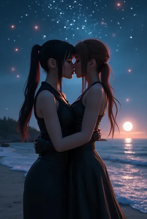 creates a realistic 3D image of Tifa, a character from FF7, hugging Aerith, a character from FF7, both characters kiss on the mouth a french kiss under a starry sky on the beach by the sea with the moon 