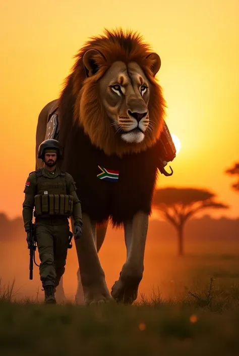 Lion (South Africa):
"A colossal lion with rugged military armor, bearing a small South African flag on its side, patrols beside a soldier in modern tactical gear, also displaying the same flag on his arm. The lion moves majestically through the African sa...