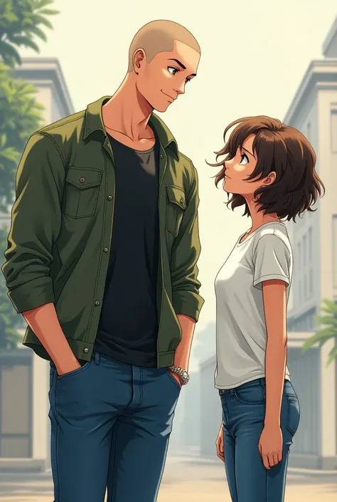 Tall man 185 cm , young, shaved hair, military green denim jacket,  basic black t-shirt and blue jeans and with a woman 160 cm short wavy hair and tan skin, basic white t-shirt, anime