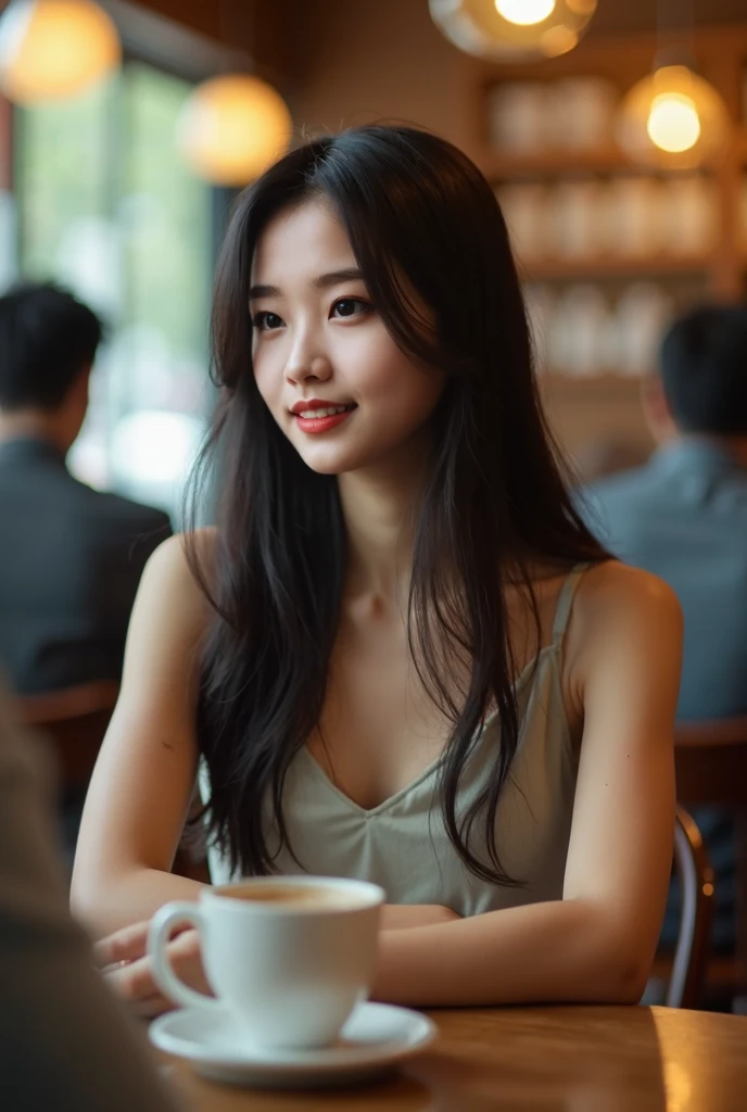  A beautiful Japanese woman in her early 20s，With long straight hair 、sleeveless， showing her arms 、I&#39;I在咖啡馆与你见面.、Sit in a chair、Live-action version、 Drink coffee 、I can see the backs of the people sitting behind me realistic
