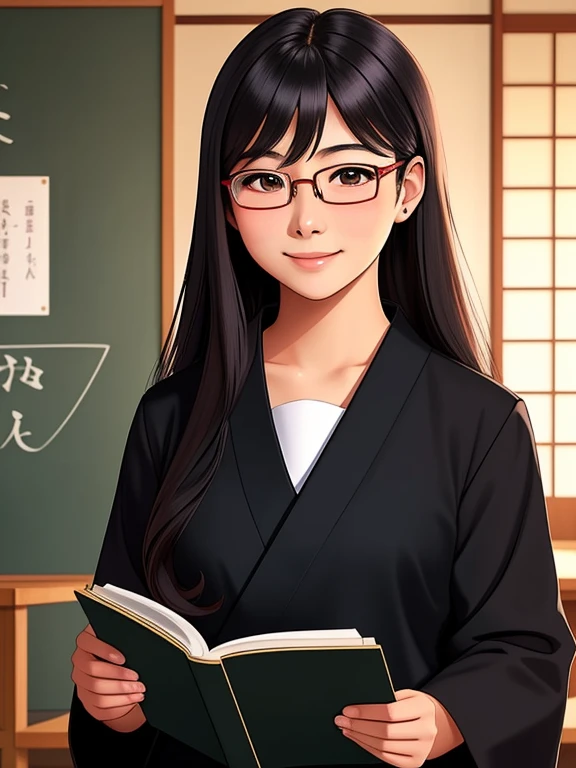 Masterpiece, 1girl, solo, a Japanese student smiling. She has long hair. Her appearance reflects her beauty, cuteness, and intelligence. (shes wearing a black Japanese school uniform and red reading glasses). The background is the inside of a Japanese High...