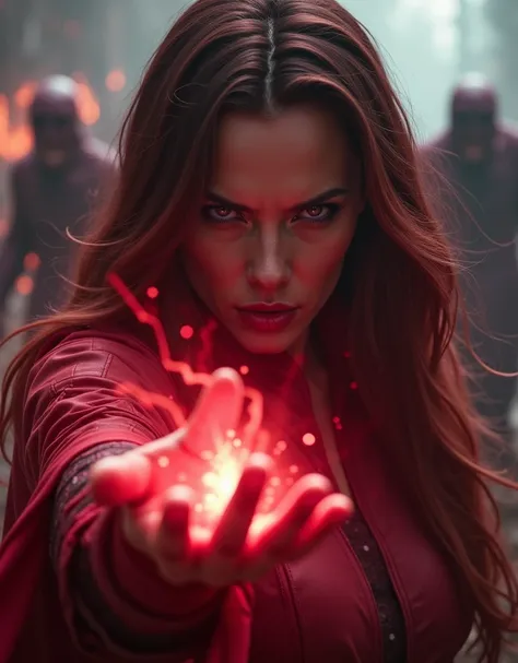 a dramatic close-up shot of scarlet witch from marvel, distorted space, undead creatures in the background, lens flare, rays of light, intricate details, advanced details, volumetric lighting, 4k rendering, stock photo, surreal, realistic textures, dramatic lighting, unreal engine