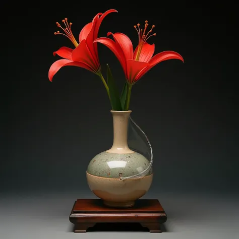 Complete separation and combination of ceramic and transparent glass materials, Dispersed joints, A vase made of ceramic and clear glass joined together using the kintsugi technique., Just one, Simple pottery and colorful glass"Wabisabi"aesthetics of, A si...