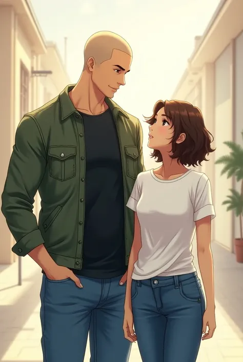 Tall man 185 cm , young, shaved hair, military green denim jacket,  basic black t-shirt and blue jeans and with a woman 160 cm short wavy hair and tan skin, basic white t-shirt, anime