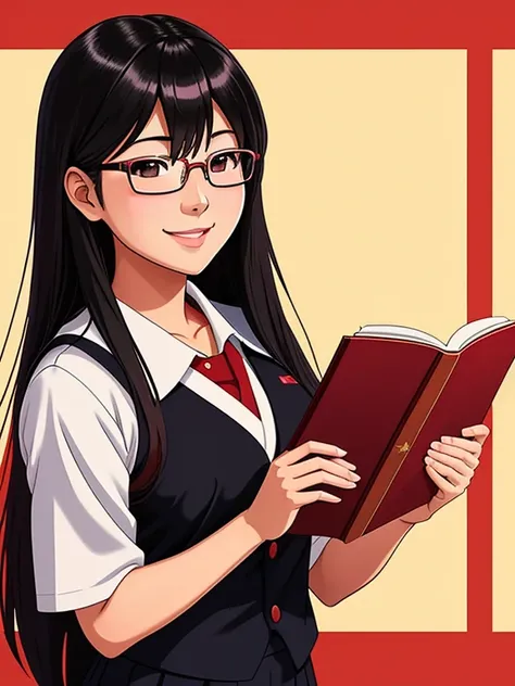 Create an anime-style image of a Japanese student smiling. She has long hair. Her appearance reflects her beauty, confidence, and intelligence. (shes wearing a black Japanese school uniform and red reading glasses). The background is the inside of a Japane...