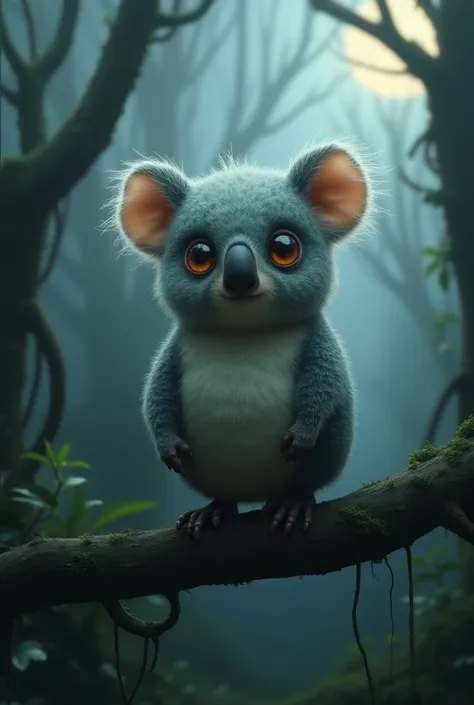 Create a hybrid creature blending features of a *kiwi bird* and a *koala* into one seamless, whimsical yet slightly eerie entity. This hybrid has the round, fuzzy body and beak of a kiwi but with koala ears and small, clawed paws that allow it to cling to ...