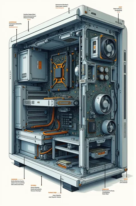 A computer with its parts written in English drawn