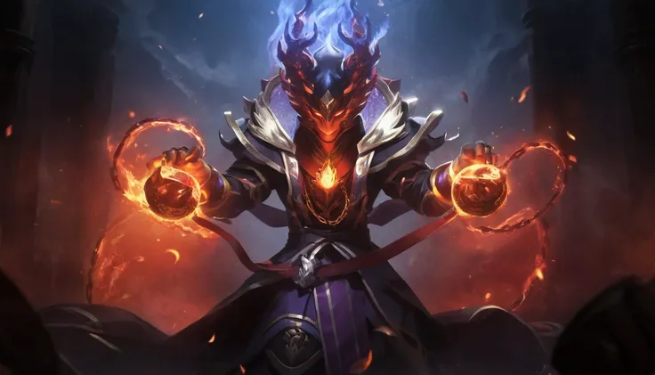 . A close-up of a person with fire chains in his hands that burn strongly in a dark room,  Kejing from Jinshin Impact ,  Heisei Jinyao ,  Zhongli from Jinshin Impact ,  Genshin Impact ,  character in League of Legends ,  League of Legends style , Mysterious League of Legends,  in the style of League of Legends , One Skin , من League of Legends,  by Yang G 