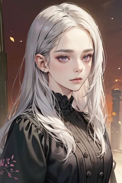 portrait front facing, of a beautiful girl with long silver hair that falls softly around her face, framing piercing magenta eyes. her pale complexion gives her an ethereal quality, almost as if she has stepped out of one of the dark fantasies she like to ...