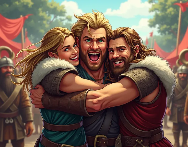 American Comics style image, Harald ,  is a young Viking , similar to Chris Hemsworth ,  with long hair , green eyes, theme:  cheerfully embracing two Vikings ,  one hairy goat and the other short brown hair,  celebratory image   