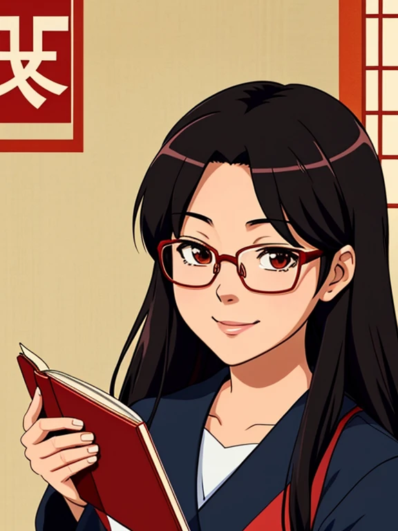 Create an anime-style image of a Japanese student smiling. She has long hair. Her appearance reflects her beauty, confidence, and intelligence. (shes wearing a black Japanese school uniform and red reading glasses). The background is the inside of a Japane...