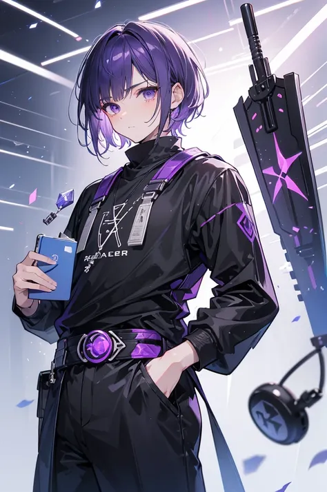  middle-aged man in his 30s、 short hair, parted in the middle, , Chin, Beardless, Silver、Black clothes, 、Magic Runes、Purple Hair、Shotgun on his waist 、Anime Style
